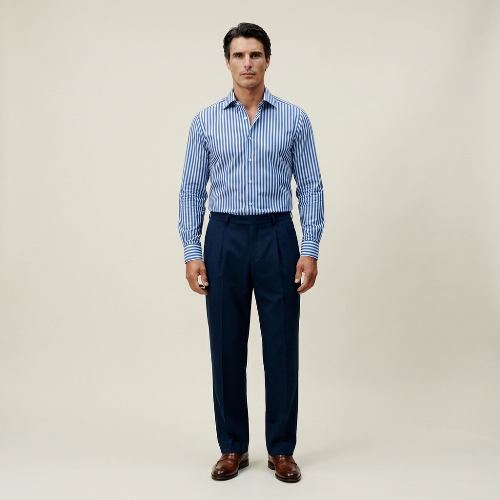 Tags:(6’2" - 180 lbs|Large) Custom shirt tee model Kive in Navy Bengal Stripe