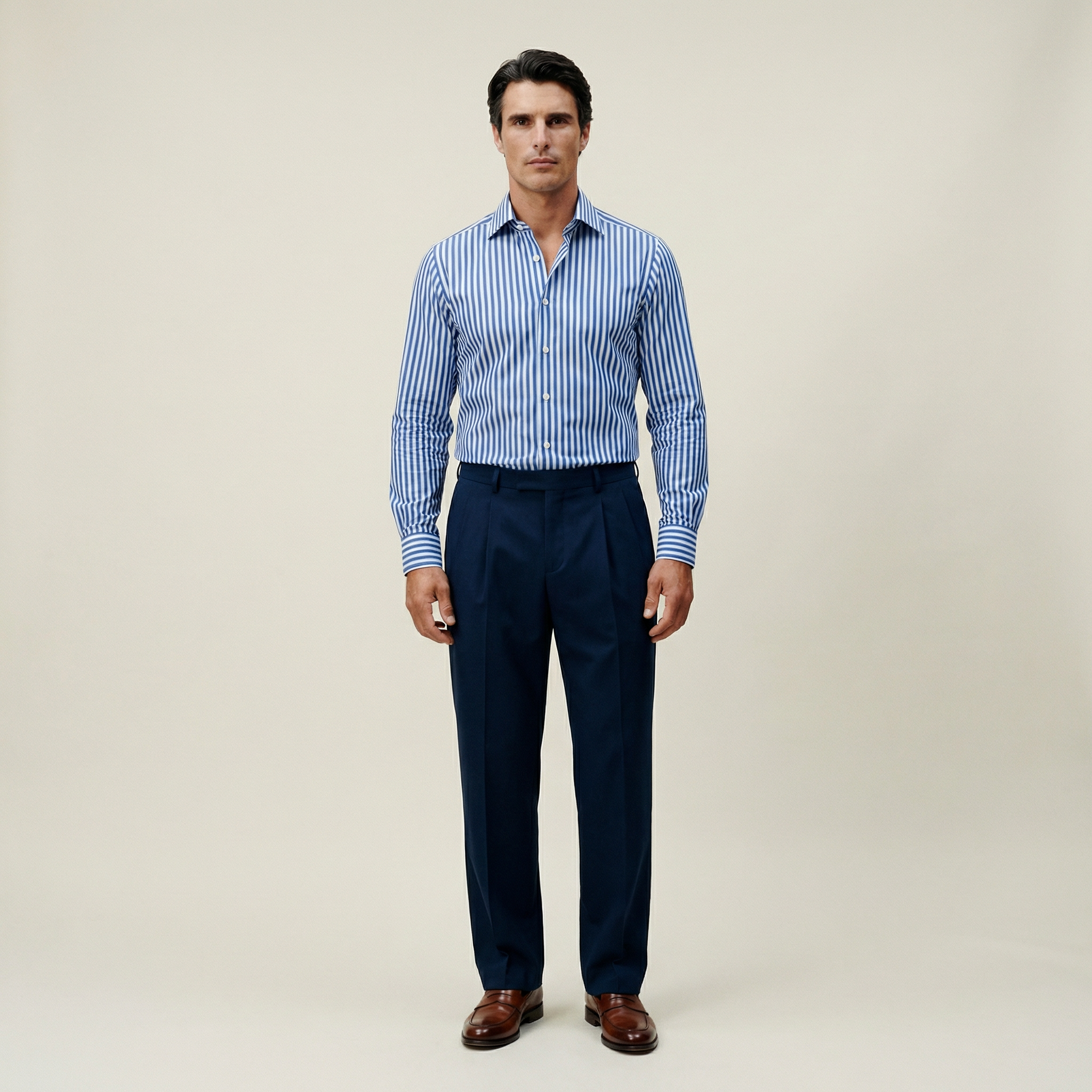 Tags:(6’2" - 180 lbs|Large) Custom shirt tee model Kive in Navy Bengal Stripe