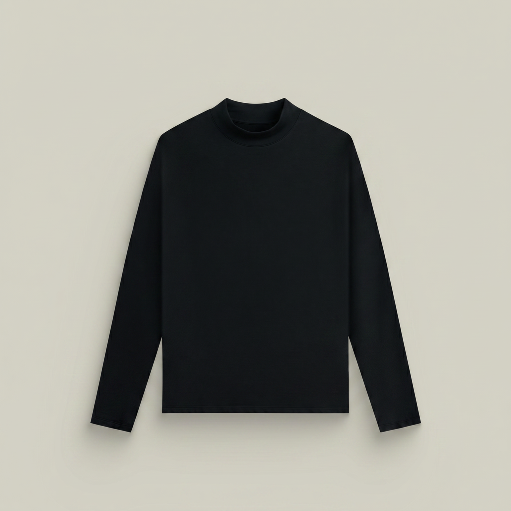 Black mockneck sweater on a beige background model kive in black