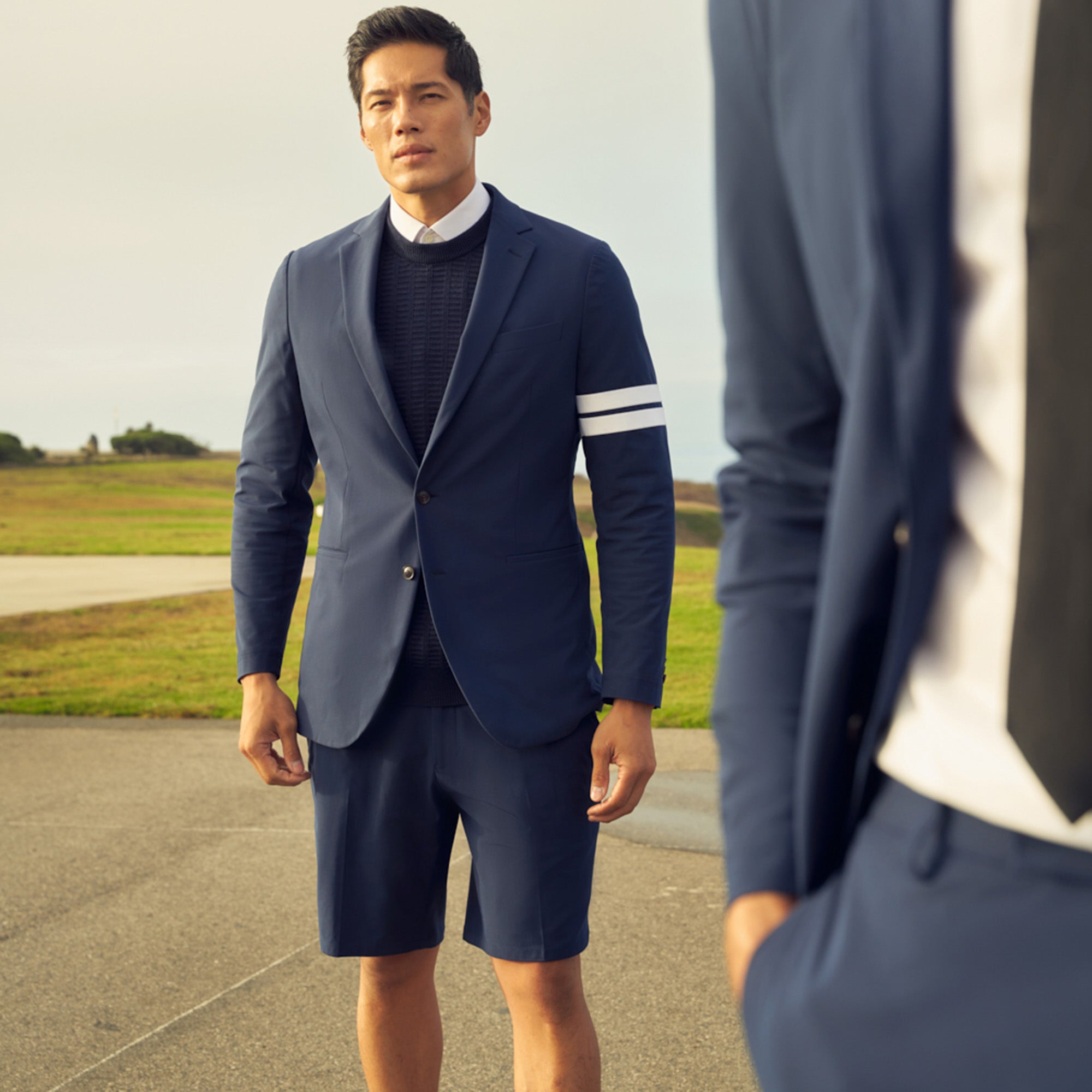 Custom bespoke shorts athleisure athletic build model Tim in Navy