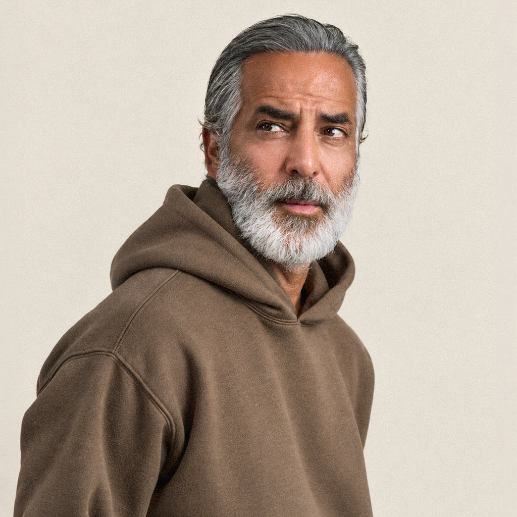 Heavyweight Terry Standard Hoodie model Guillermo in Tobacco