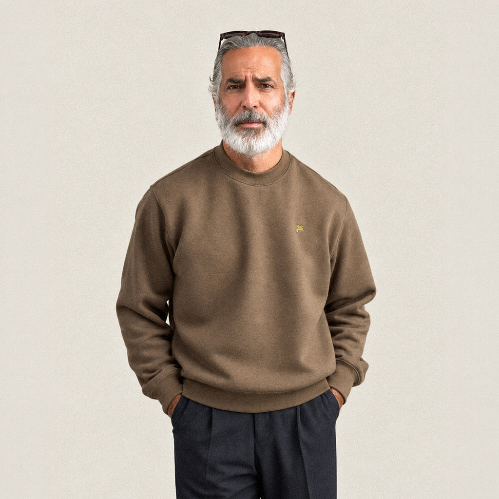 Evening Crewneck Sweater model Guillermo in Tobacco