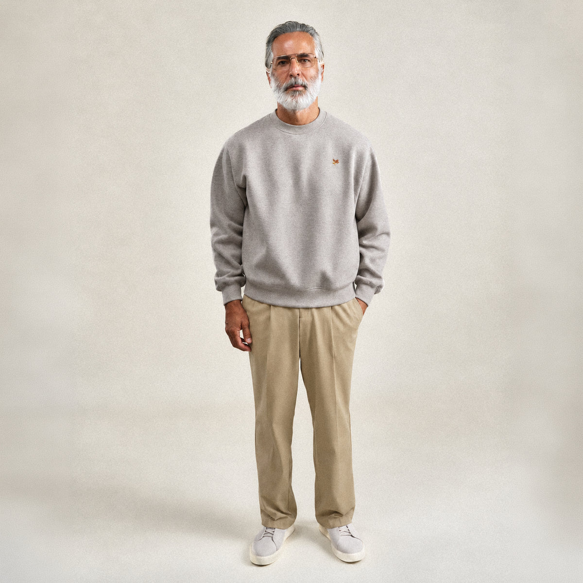 Evening Crewneck Sweater model Guillermo in Heather Stone
