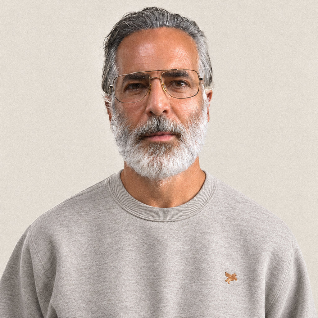 Evening Crewneck Sweater model Guillermo in Heather Stone