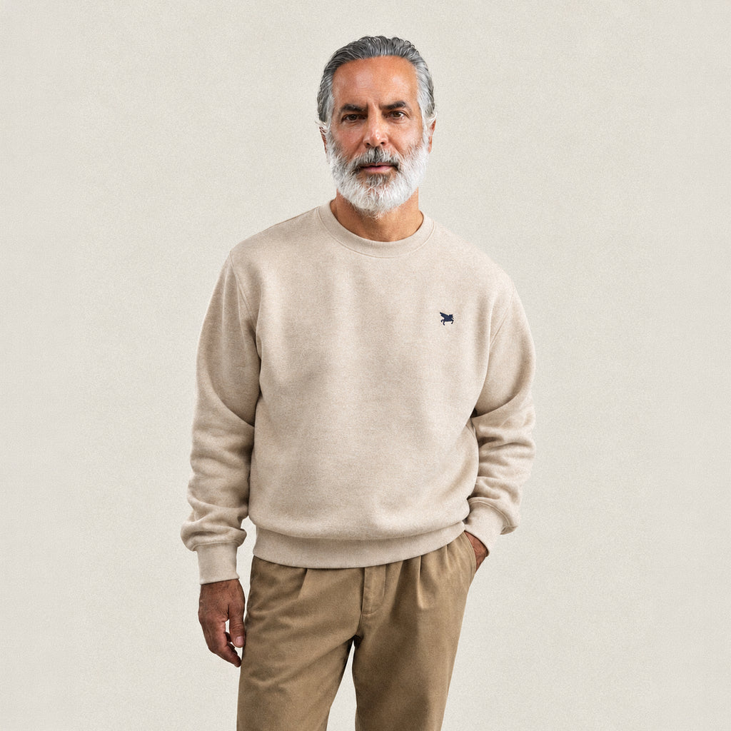 Evening Crewneck Sweater model Guillermo in Heather Sand