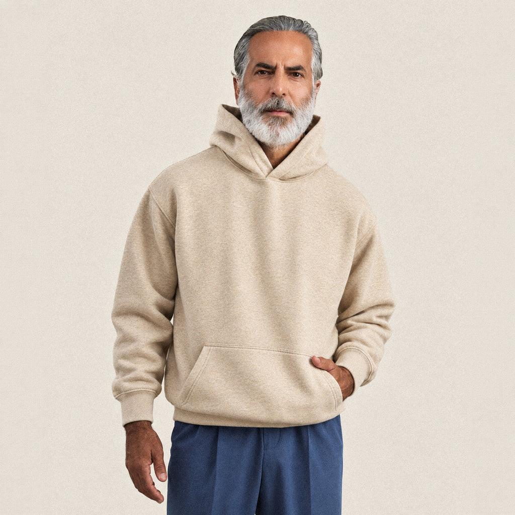 Heavyweight Terry Standard Hoodie model Guillermo in Heather Sand