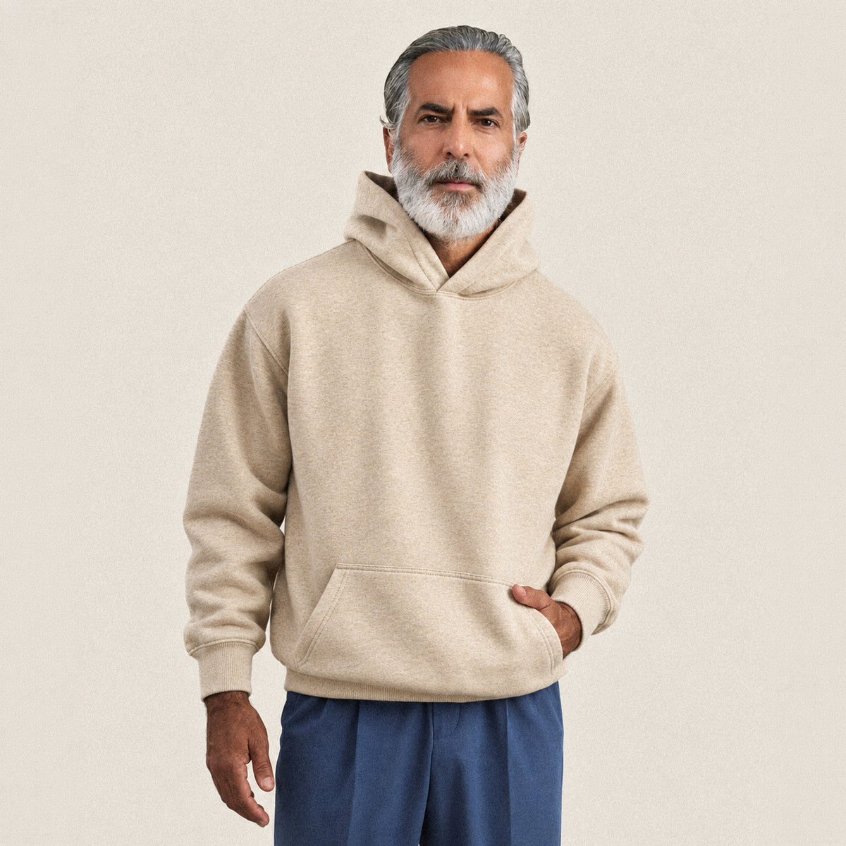 Heavyweight Terry Standard Hoodie model Guillermo in Heather Sand