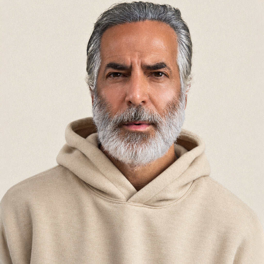 Heavyweight Terry Standard Hoodie model Guillermo in Heather Sand