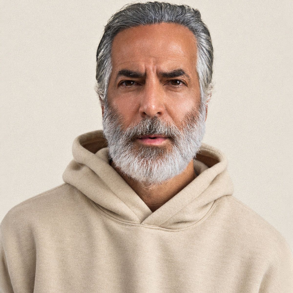 Heavyweight Terry Standard Hoodie model Guillermo in Heather Sand