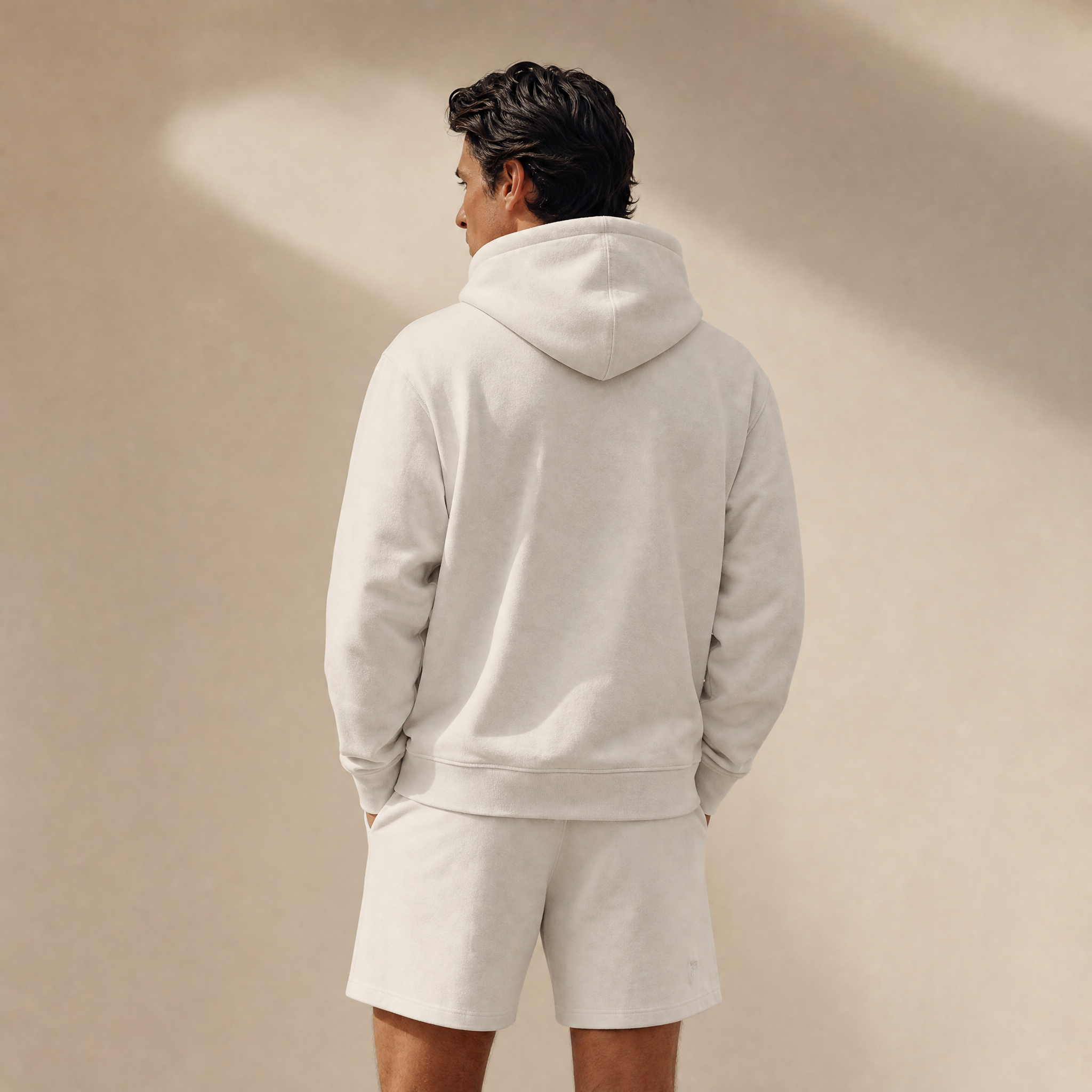 Terry Fleece Court Hoodie model Matteo in Bone