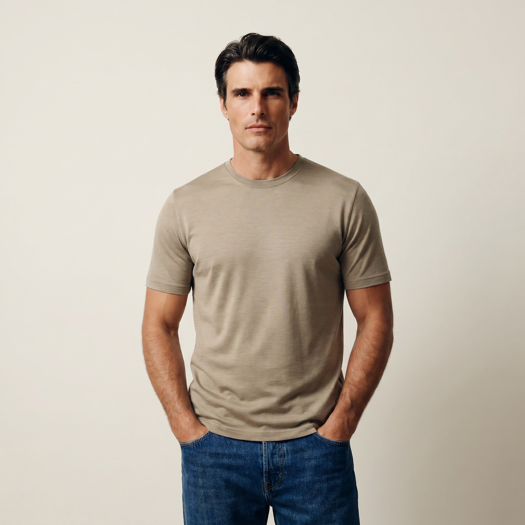 Tags:(6’2" - 180 lbs|Large) Custom t-shirt tee model Matteo in Dune