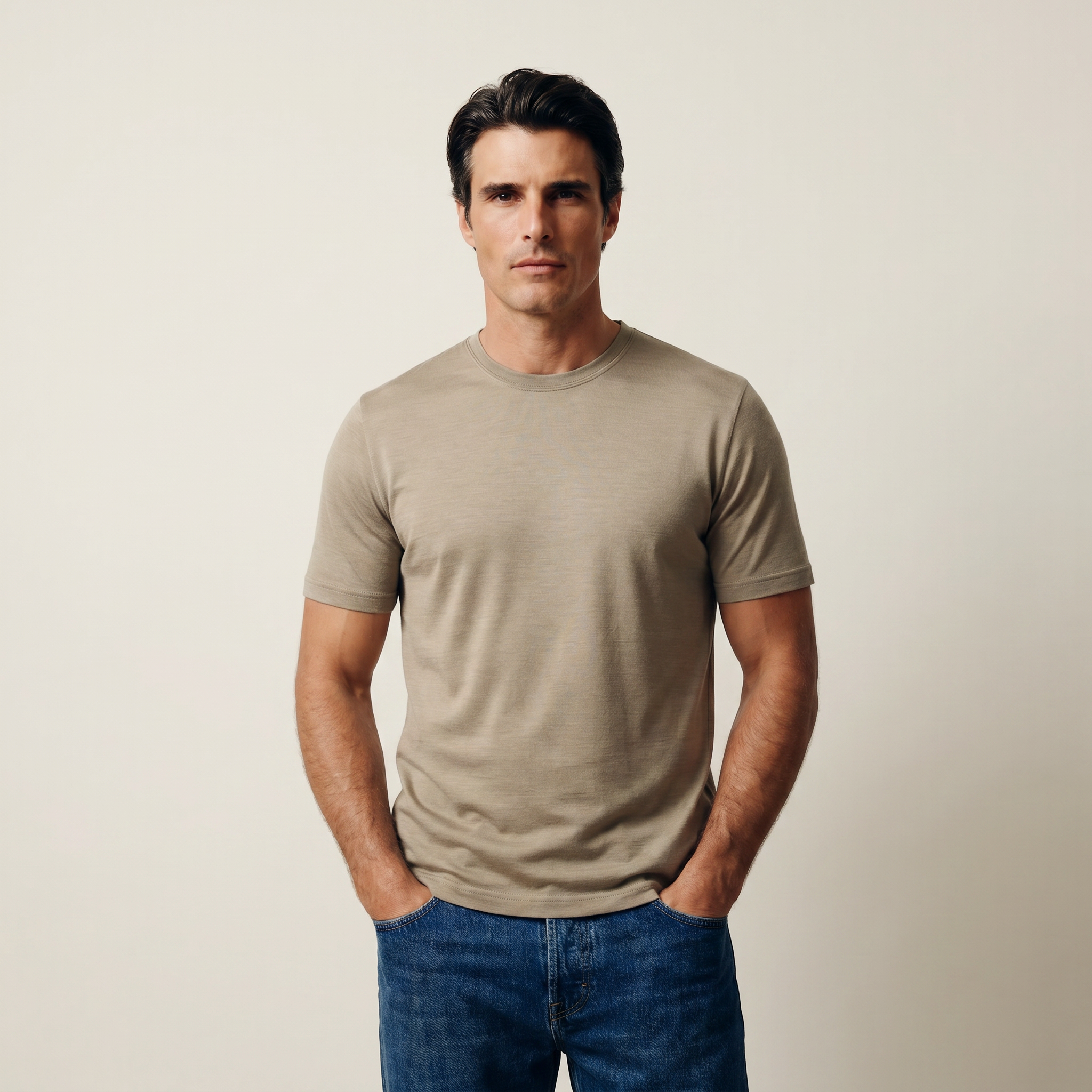 Tags:(6’2" - 180 lbs|Large) Custom t-shirt tee model Matteo in Dune