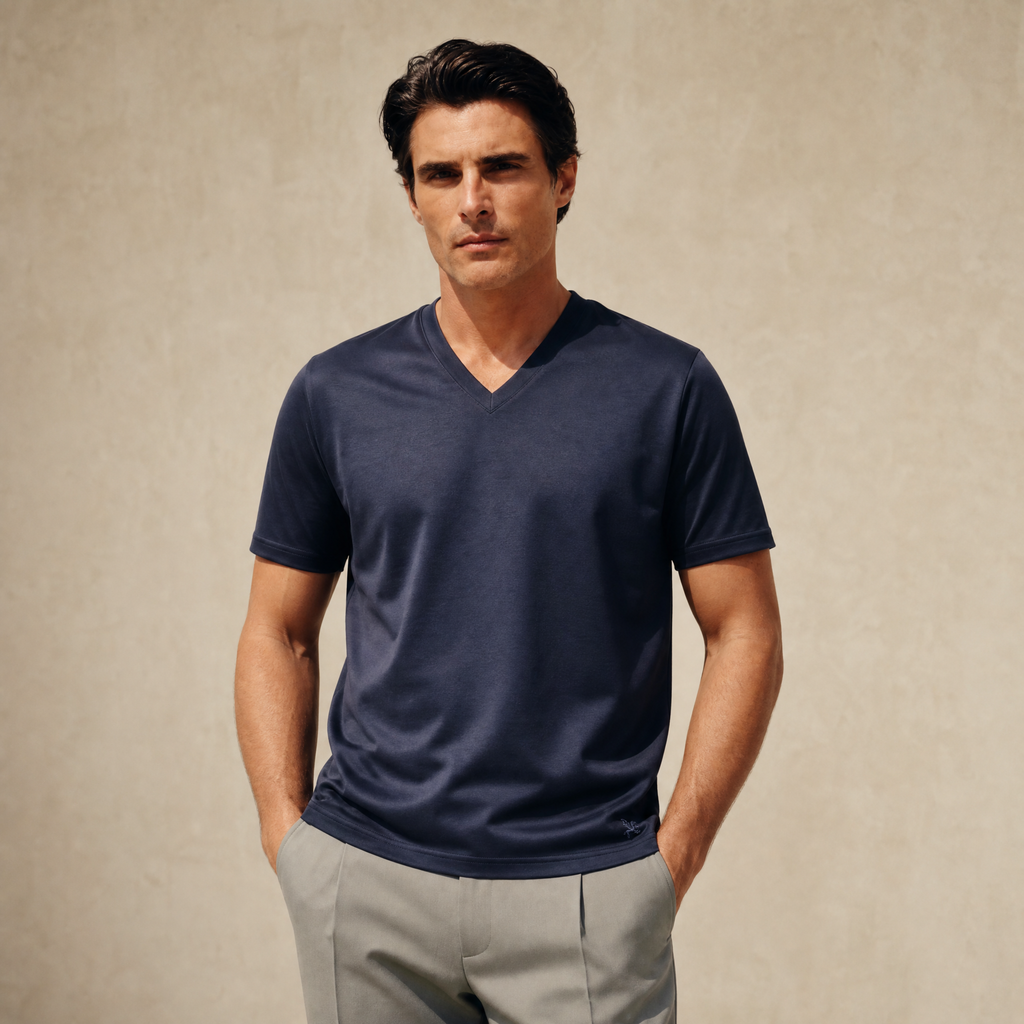 Pima Reserve V-Neck T-Shirt model Matteo in Navy
