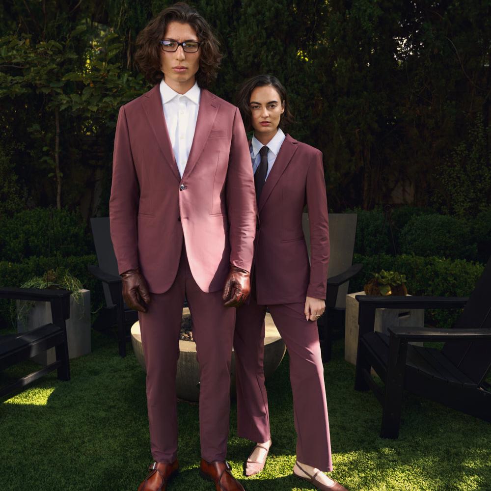 bespoke custom women's blazer pantsuit model Moe in Maroon