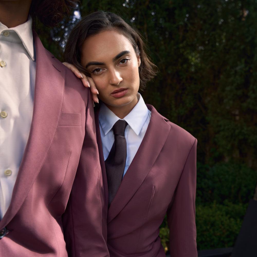 bespoke custom women's blazer pantsuit model Moe in Maroon