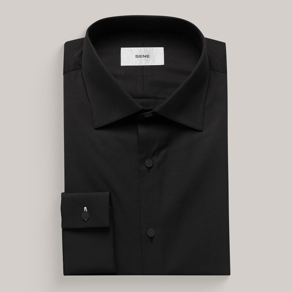 Tags:(Lightweight|Wrinkle-Resistant|Odor-Resistant) Bespoke Custom Tailored Los Angeles Spread Collar Shirt model Jesse in Black BreezeTech