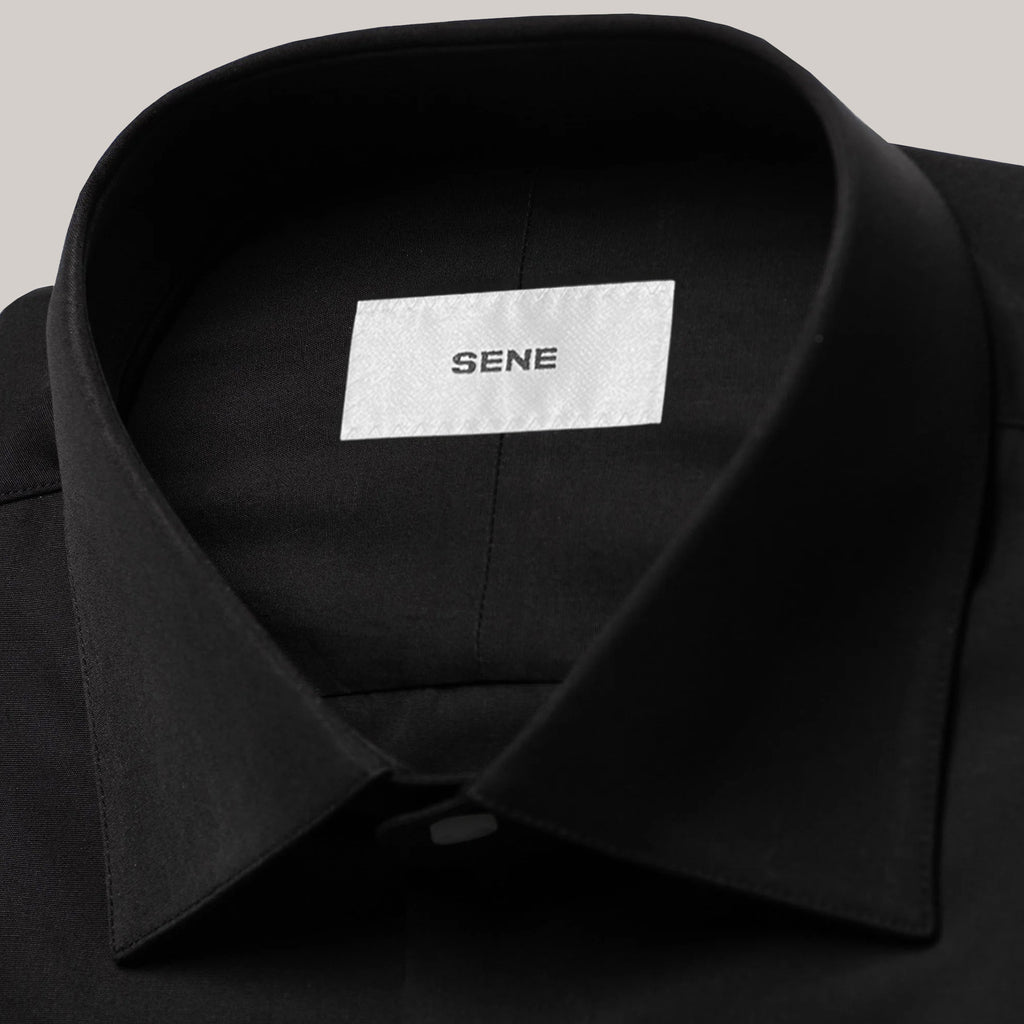 Tags:(Lightweight|Wrinkle-Resistant|Odor-Resistant) Bespoke Custom Tailored Los Angeles Spread Collar Shirt model Jesse in Black BreezeTech