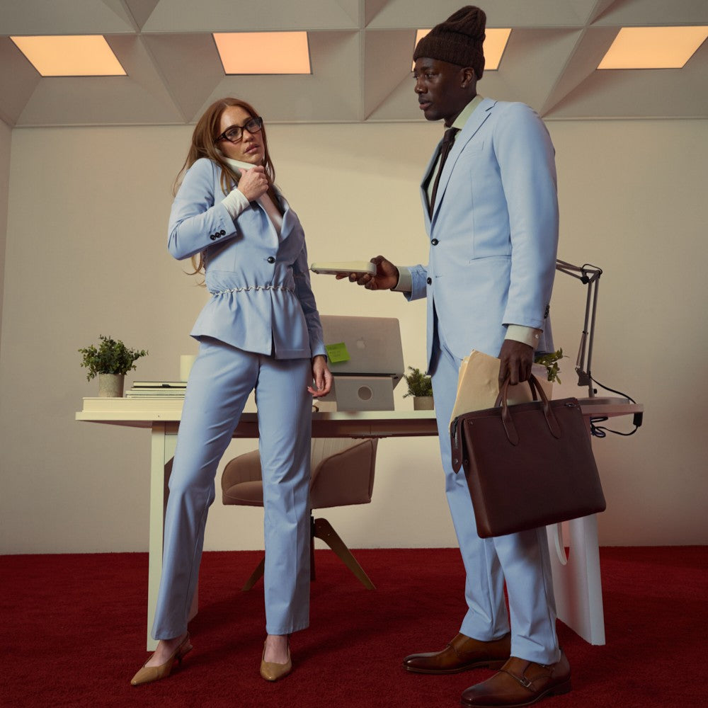 bespoke custom women's blazer pantsuit model Kelsey in Sky