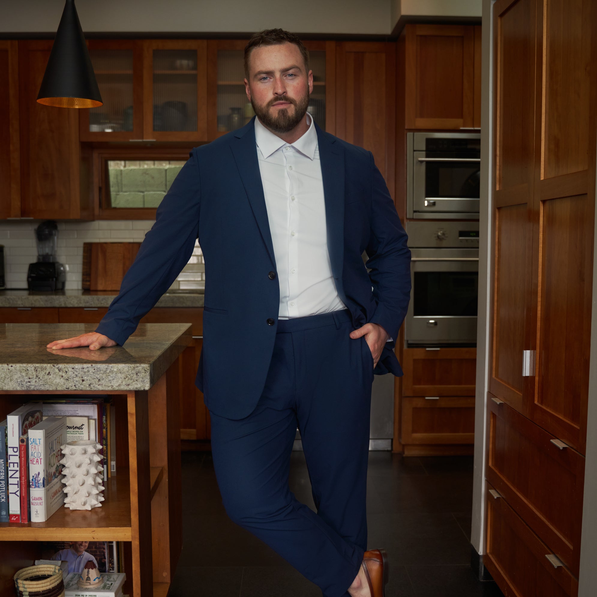 Tags:(6'1"|255 lbs) Bespoke custom athleisure technical men's suit los angeles model Jeremy in Navy