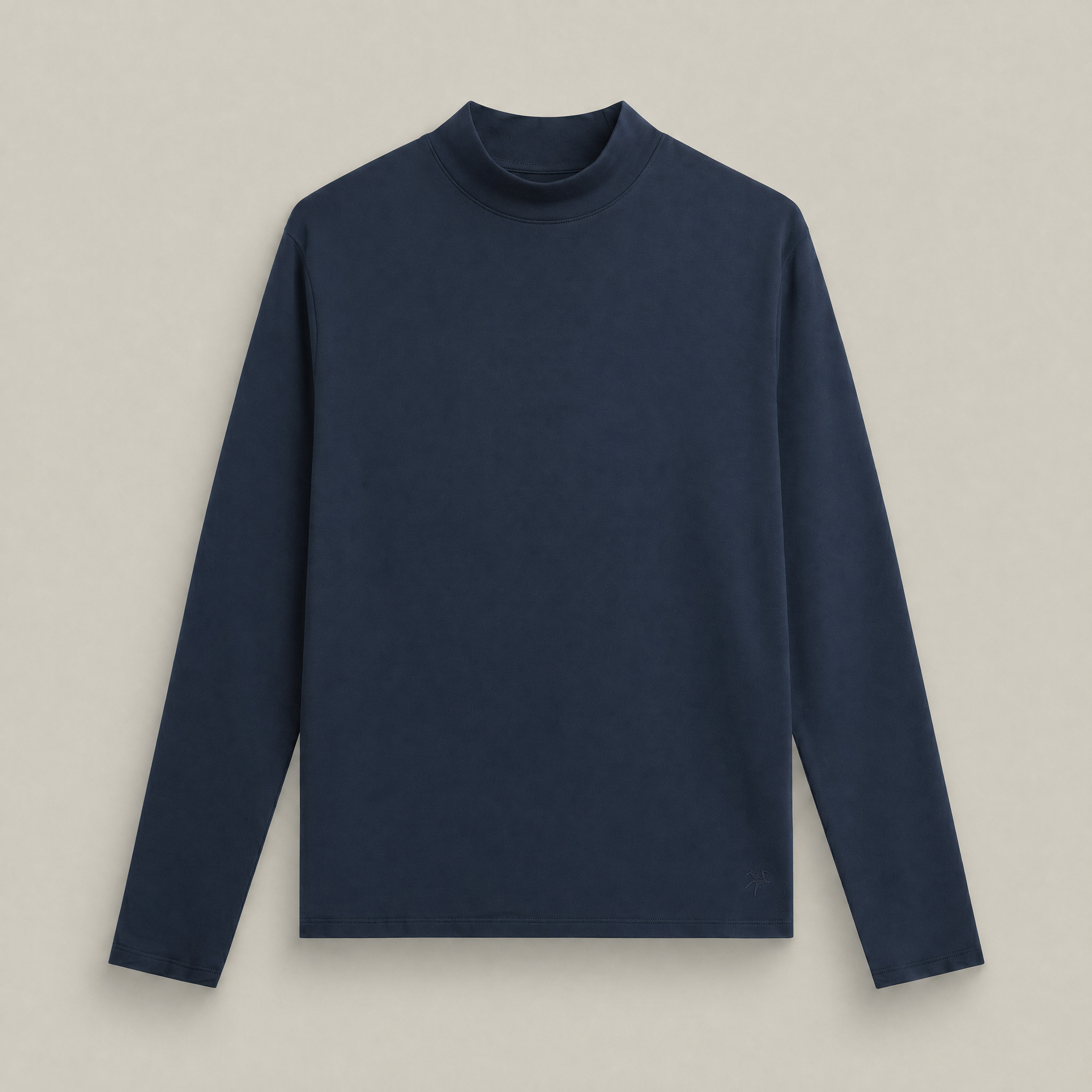 Flatlay of Deep Sea mockneck long-sleeve shirt in Deep Sea with beige background model Kive in Deep Sea