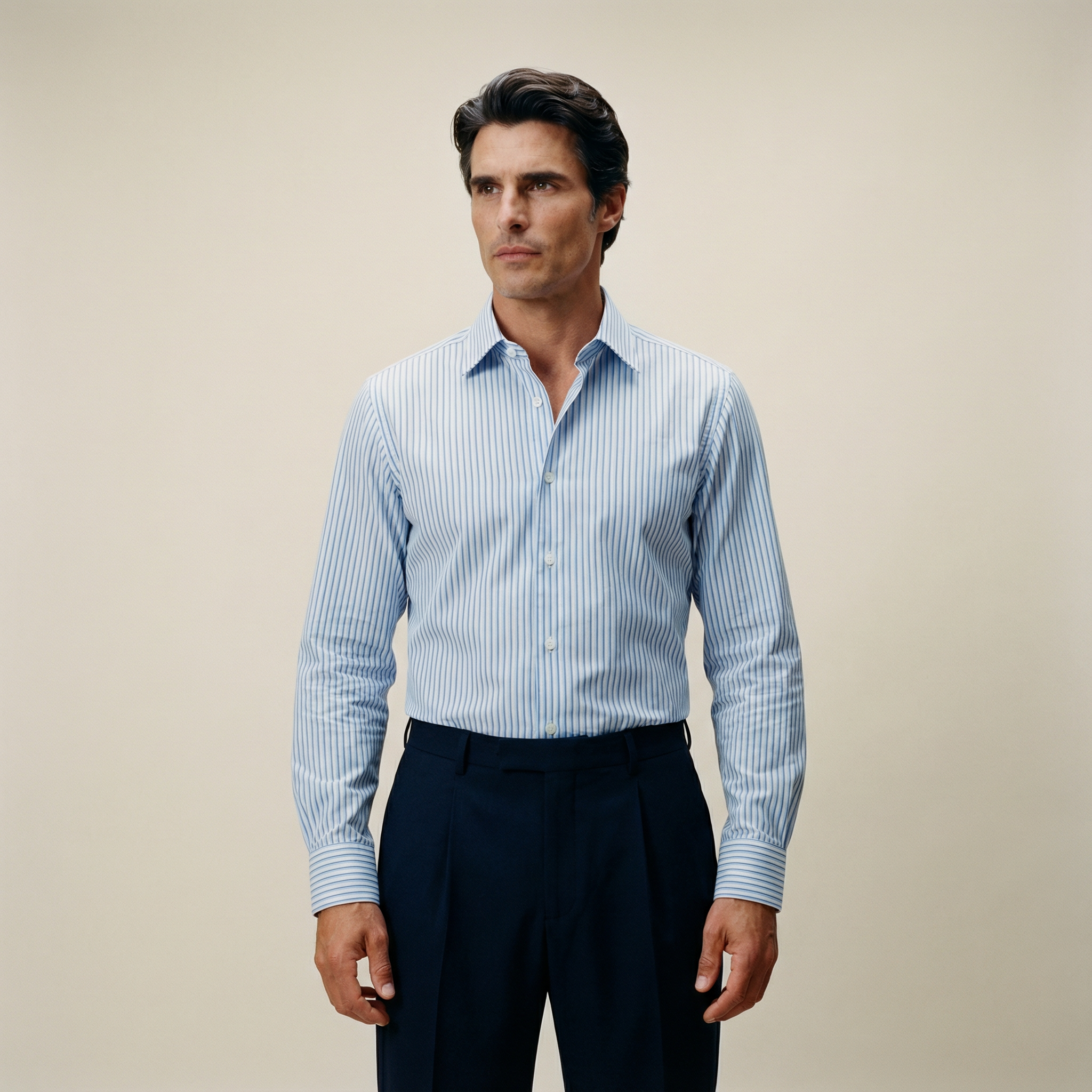 Custom Bespoke Tailored Spread Shirt model Guillermo in Milan Micro Stripe