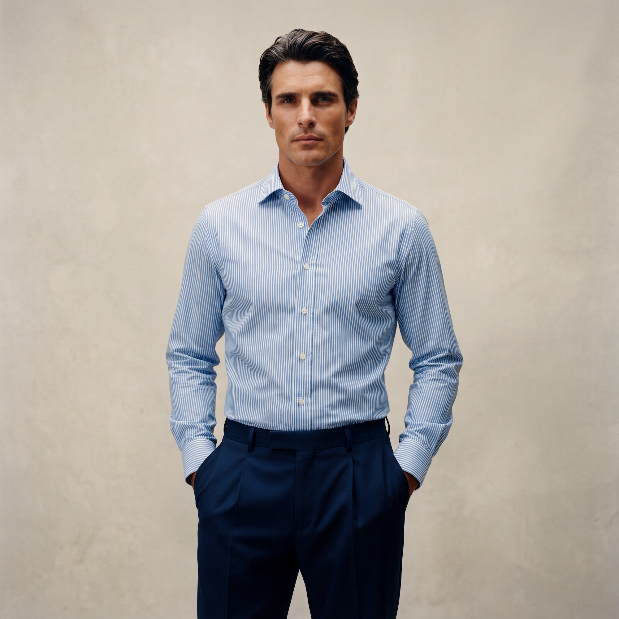 Custom Bespoke Tailored Spread Shirt model Guillermo in Sky Blue Micro Stripe