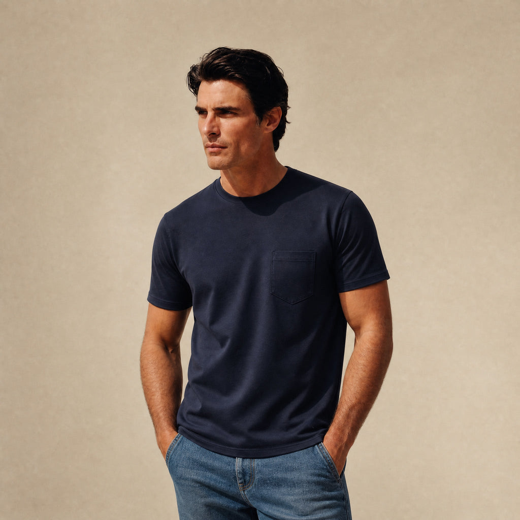 Pima Reserve Crew Pocket T-Shirt model Matteo in Navy