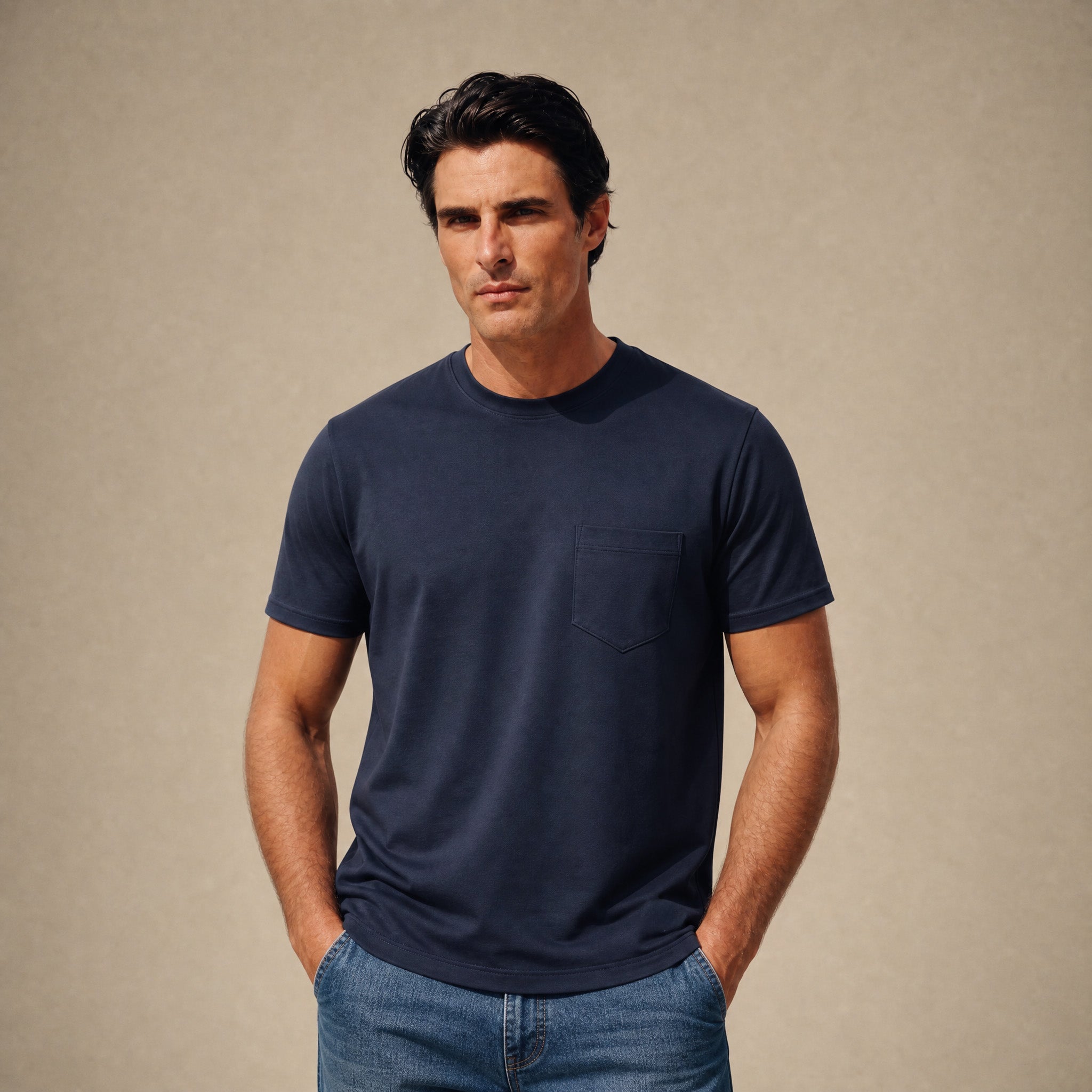 Pima Reserve Crew Pocket T-Shirt model Matteo in Navy