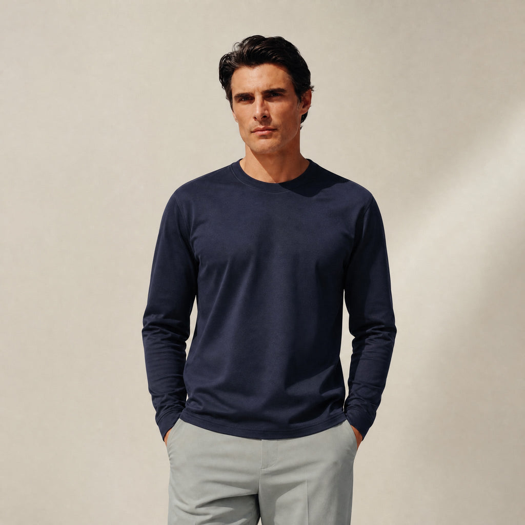 Pima Reserve Long Sleeve T-Shirt model Matteo in Navy