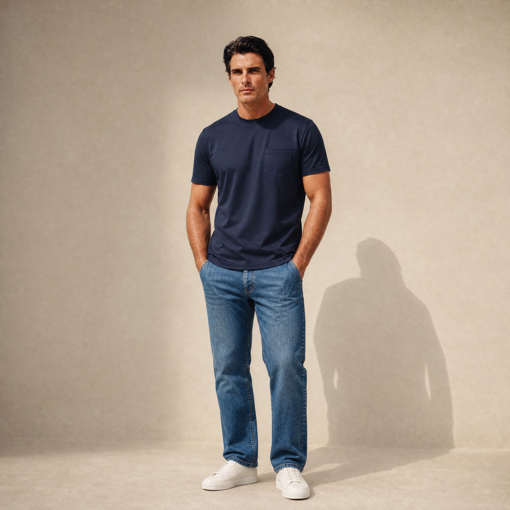 Pima Reserve Crew Pocket T-Shirt model Matteo in Navy