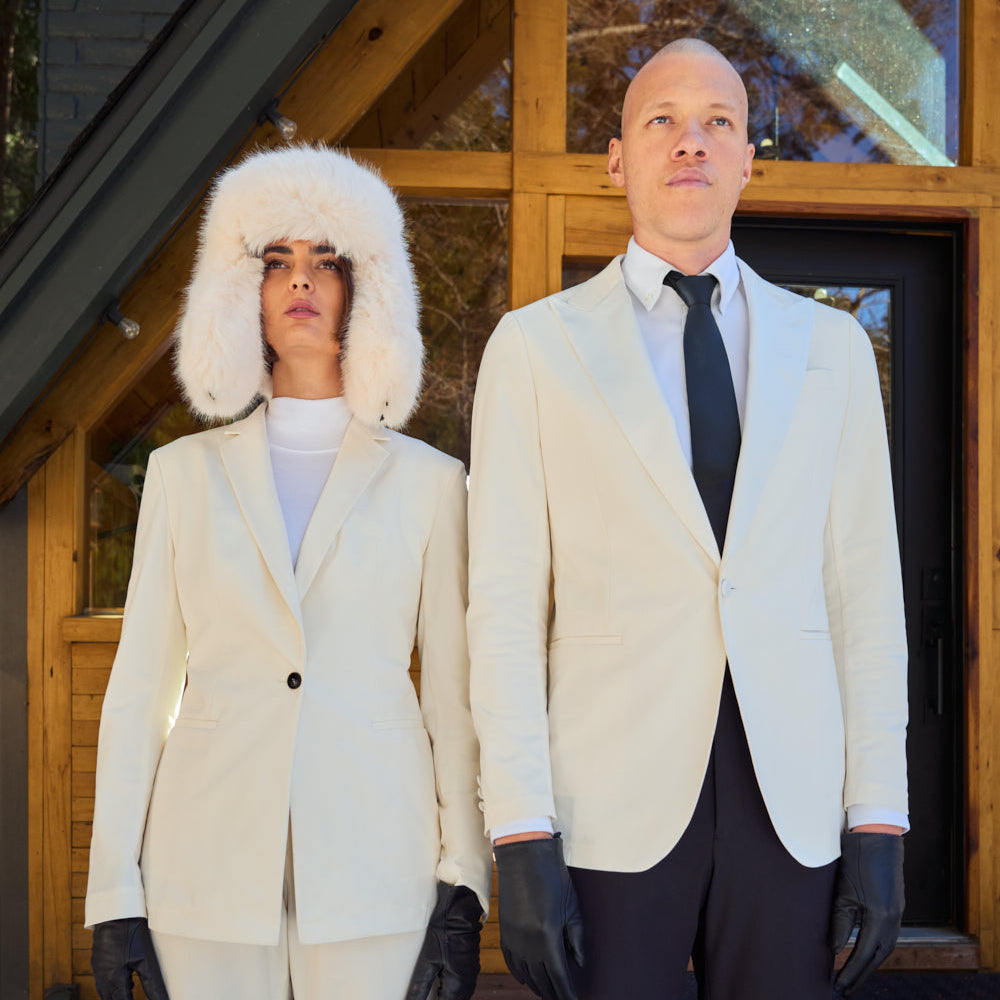 bespoke custom women's blazer pantsuit model Moe in Cream