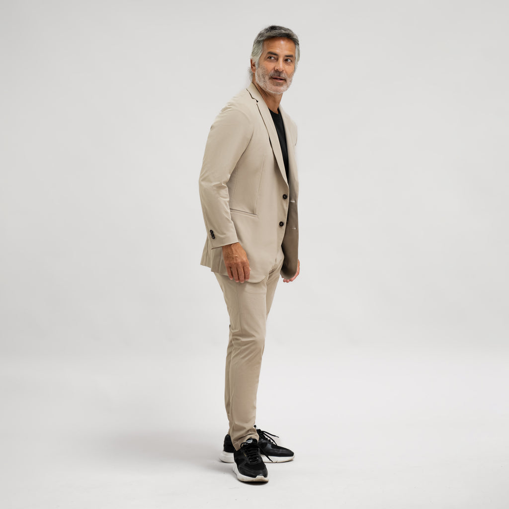 Bespoke custom athleisure technical men's suit los angeles model Guillermo in Warm Khaki