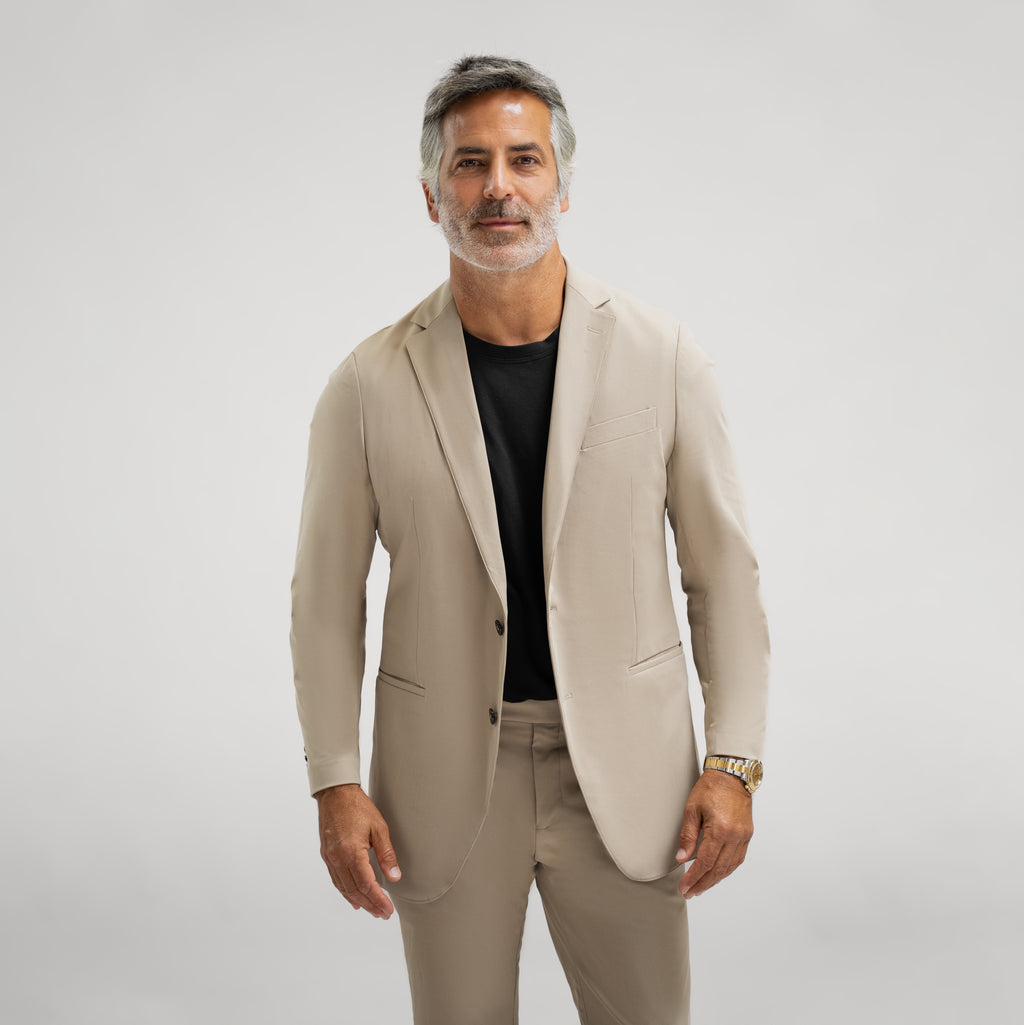 Bespoke custom athleisure technical men's suit los angeles model Guillermo in Warm Khaki