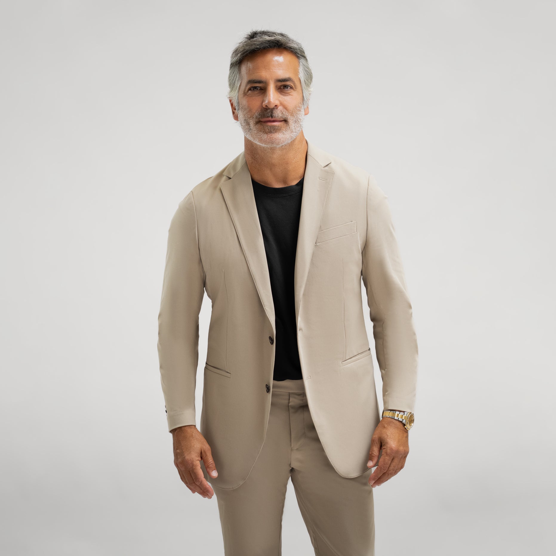 Bespoke custom athleisure technical men's suit los angeles model Guillermo in Warm Khaki