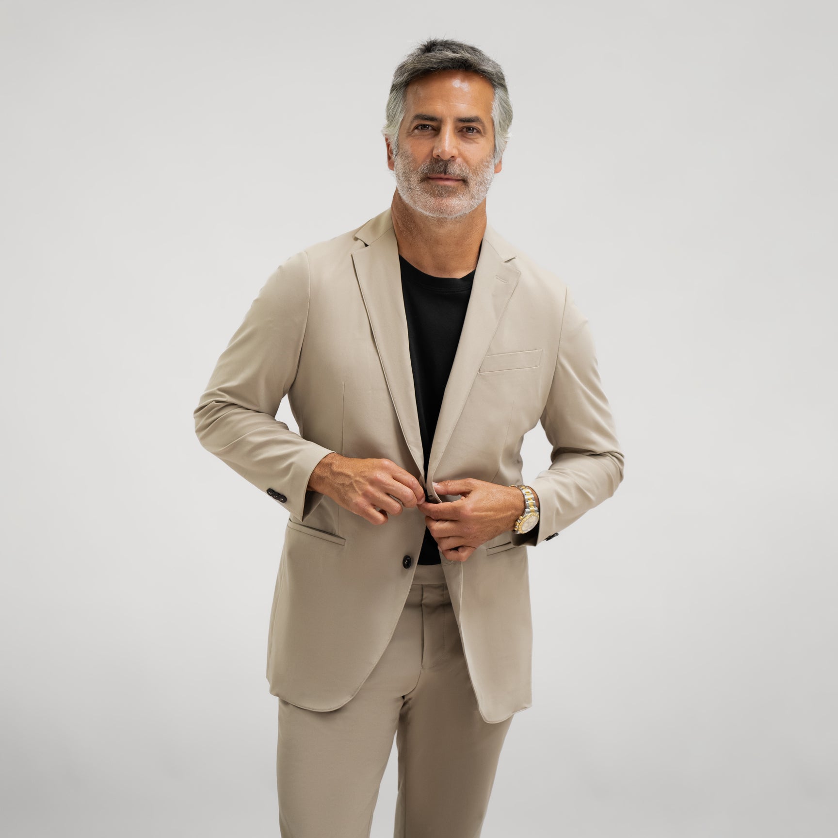 Bespoke custom athleisure technical men's suit los angeles model Guillermo in Warm Khaki