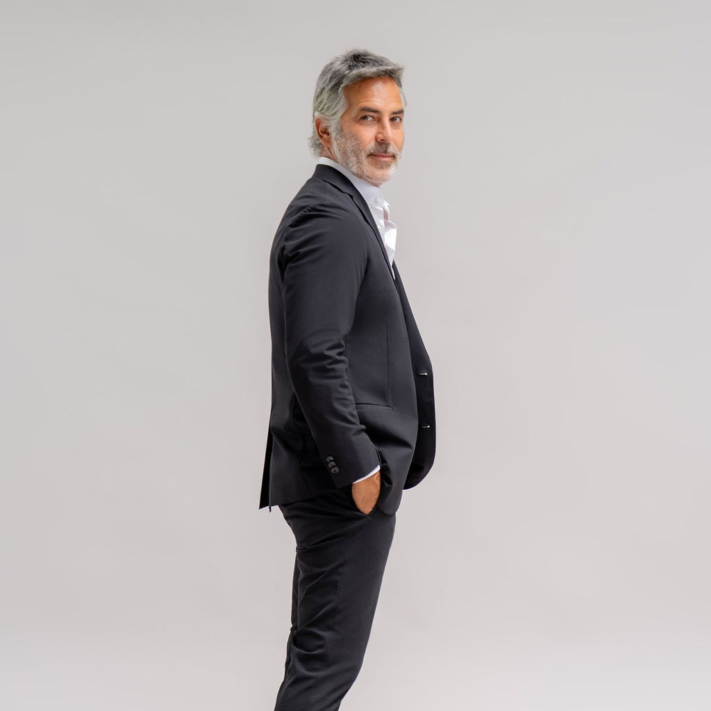 Tags:(5'11"|176 lbs) Bespoke custom athleisure technical men's suit los angeles model Guillermo in Black