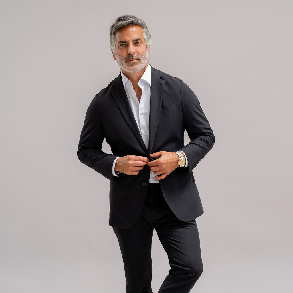 Tags:(5'11"|176 lbs) Bespoke custom athleisure technical men's suit los angeles model Guillermo in Black