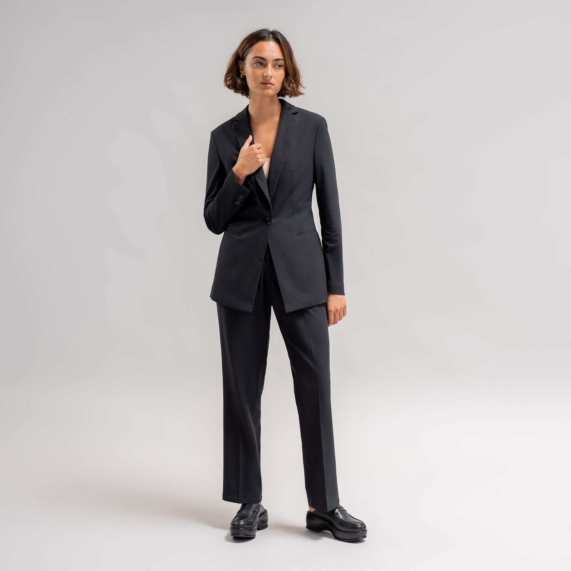 bespoke custom women's blazer pantsuit model Moe in Black