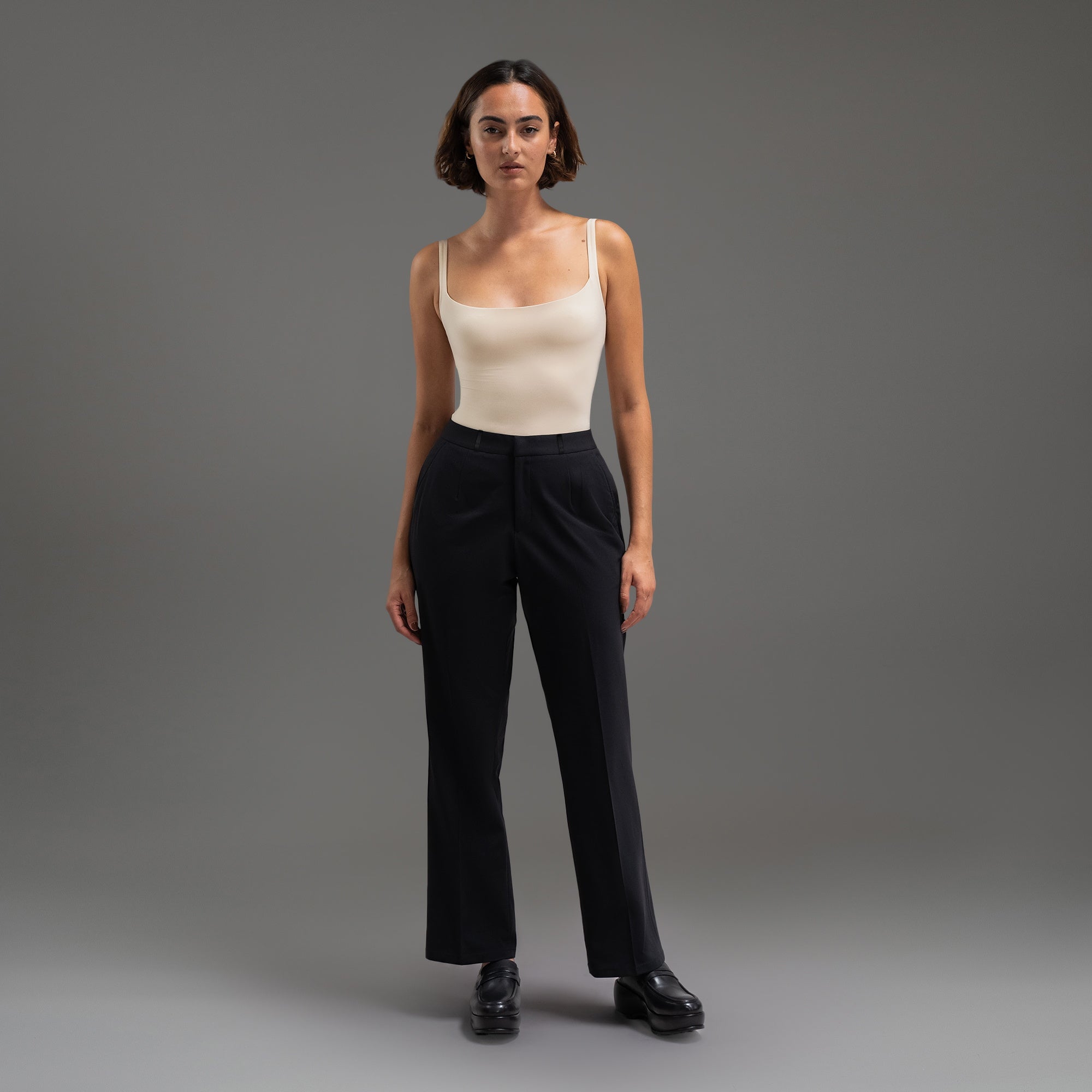 bespoke athletic women's dress pants athleisure model Moe in Black