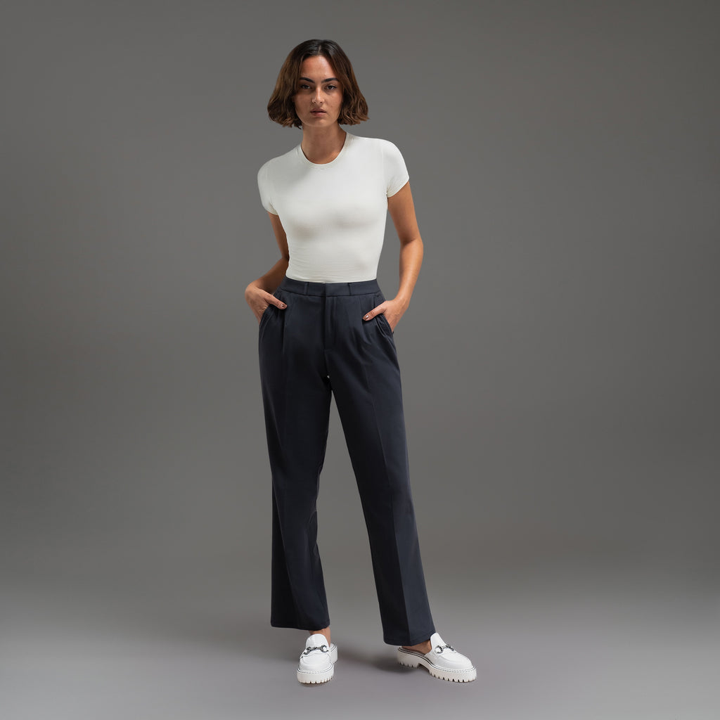 bespoke athletic women's dress pants athleisure model Moe in Charcoal