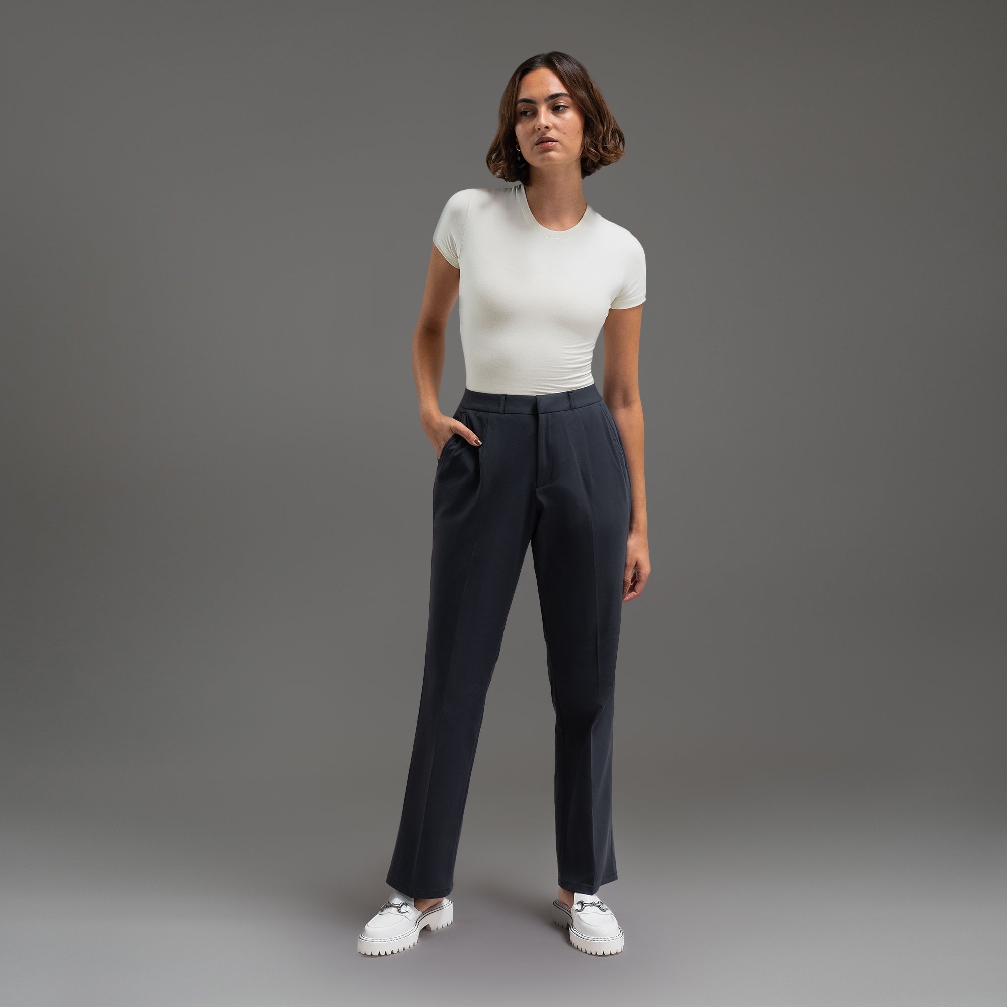 bespoke athletic women's dress pants athleisure model Moe in Charcoal