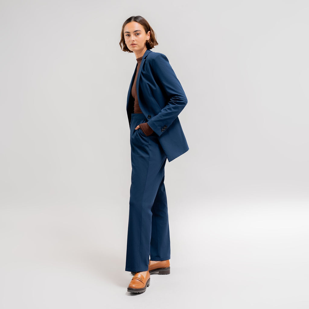 bespoke custom women's blazer pantsuit model Moe in Navy