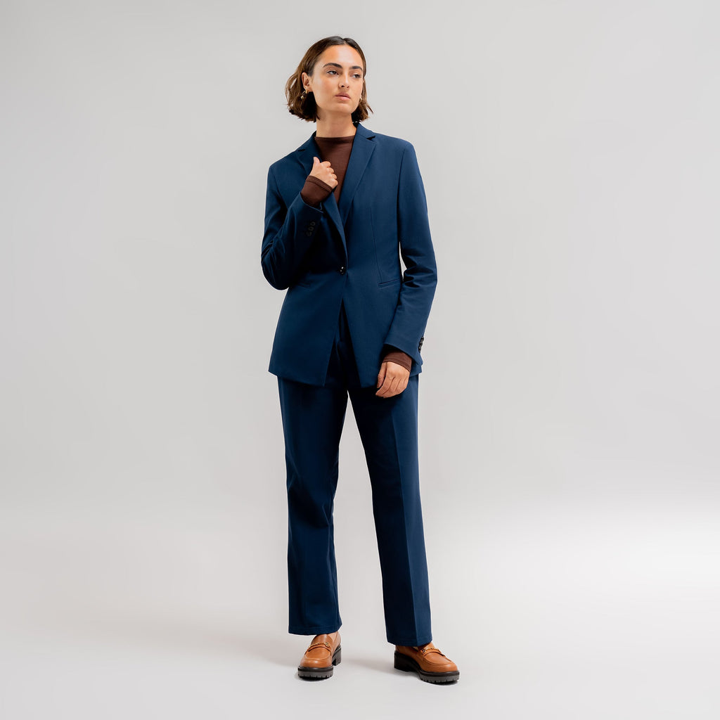 bespoke custom women's blazer pantsuit model Moe in Navy