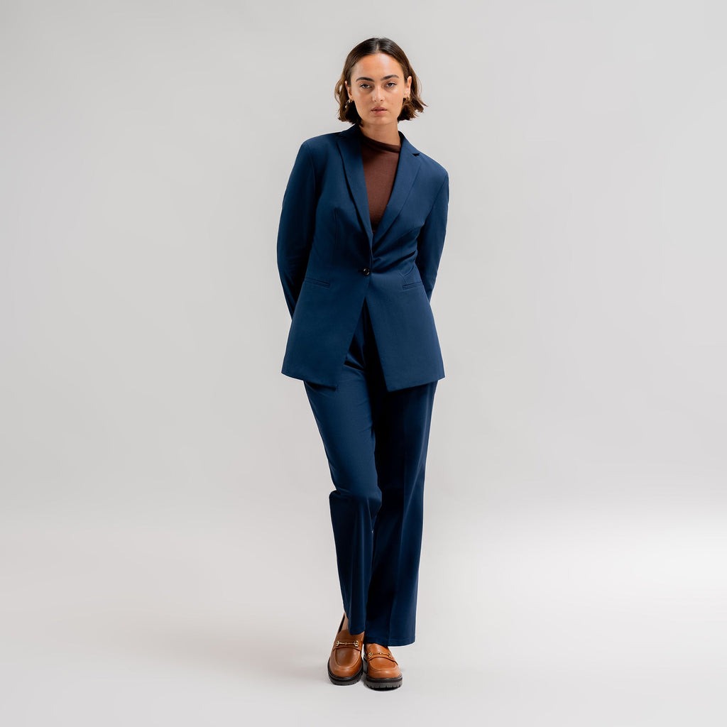 bespoke custom women's blazer pantsuit model Moe in Navy