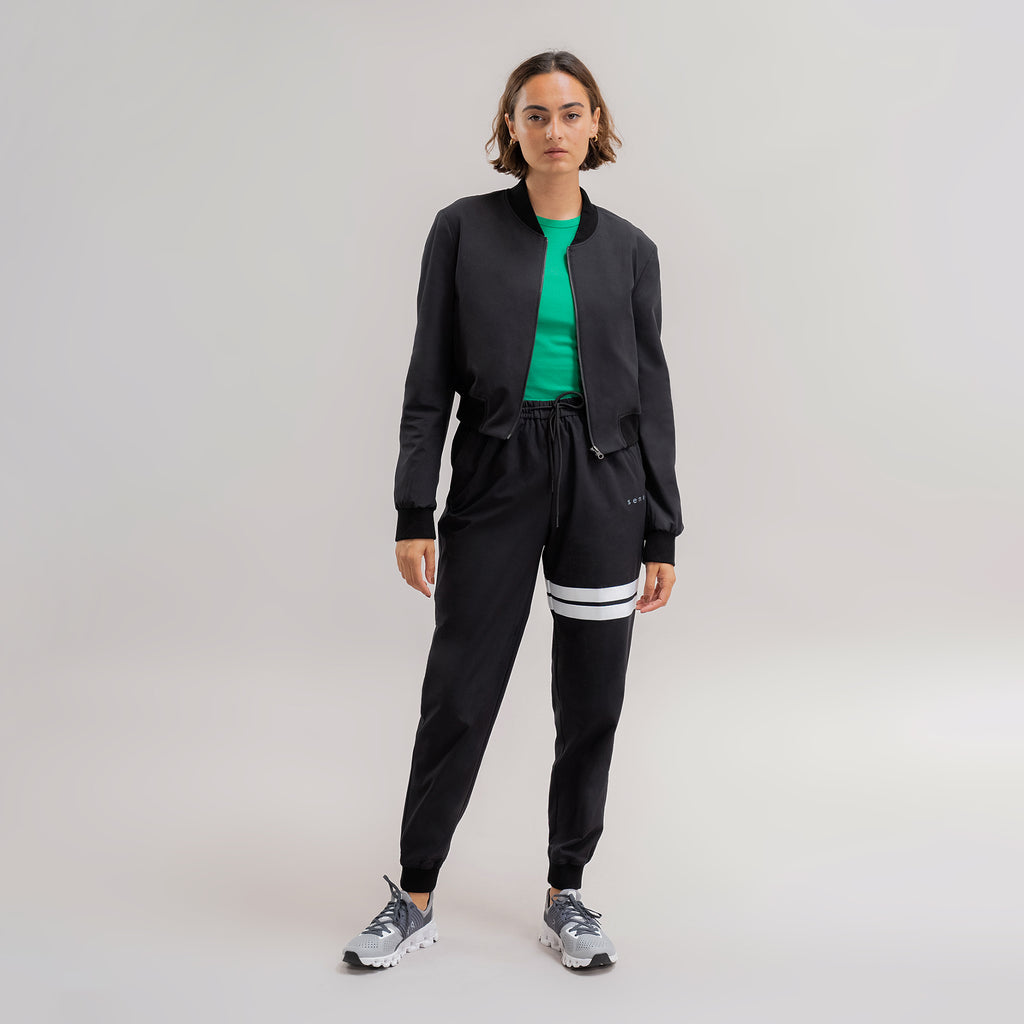 womens custom flextech bomber jacket plus size model Moe in Black