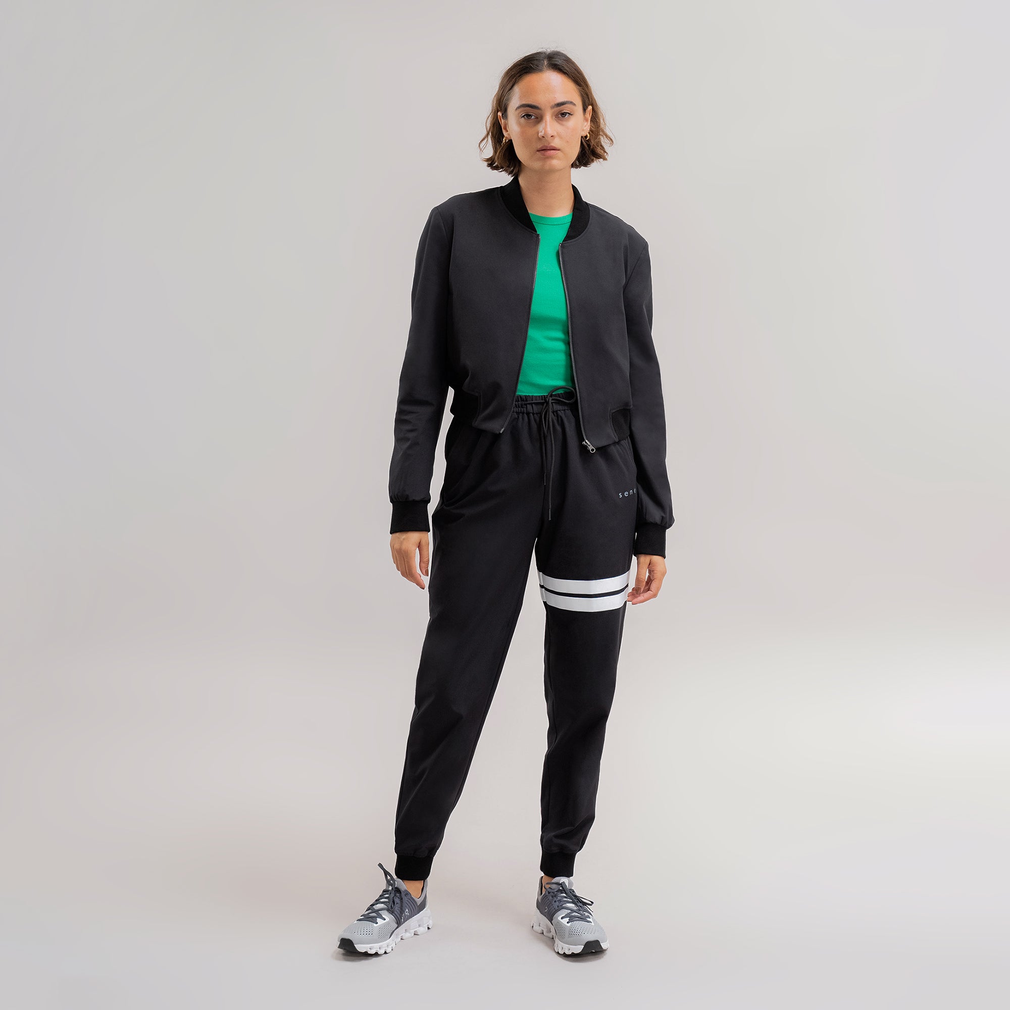 womens custom flextech bomber jacket plus size model Moe in Black