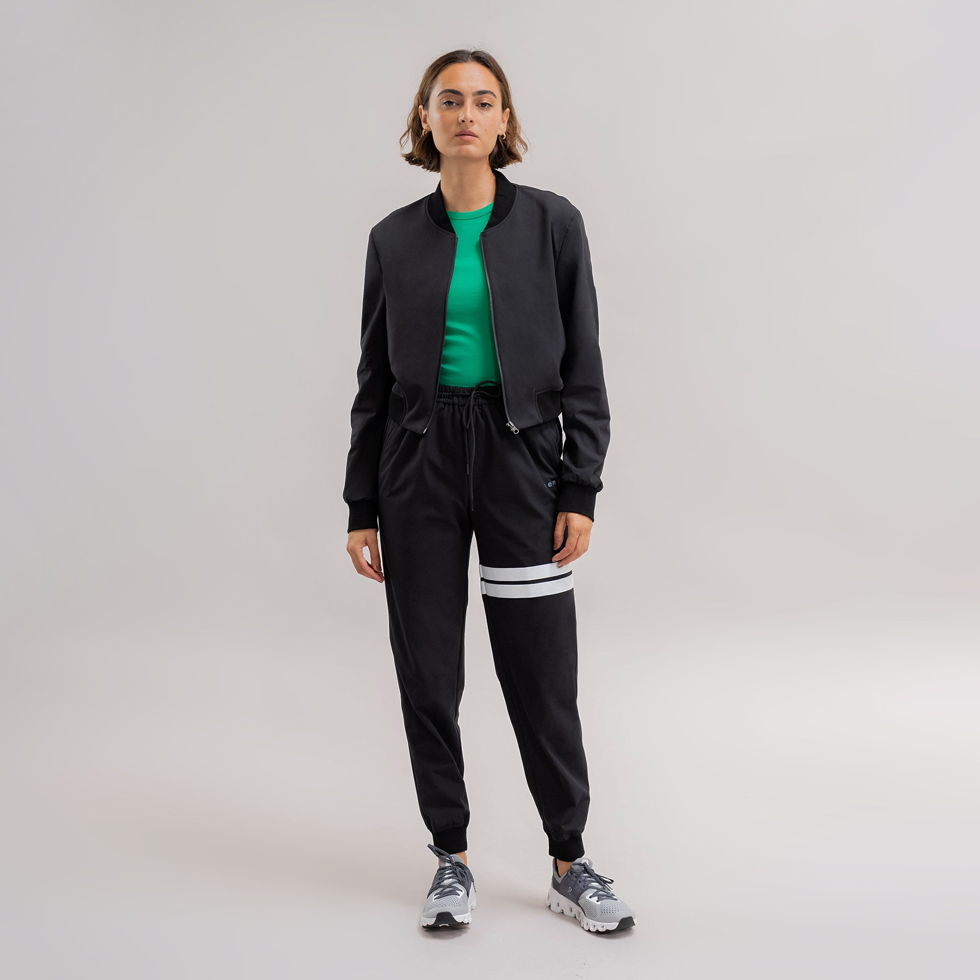 womens custom flextech bomber jacket plus size model Moe in Black