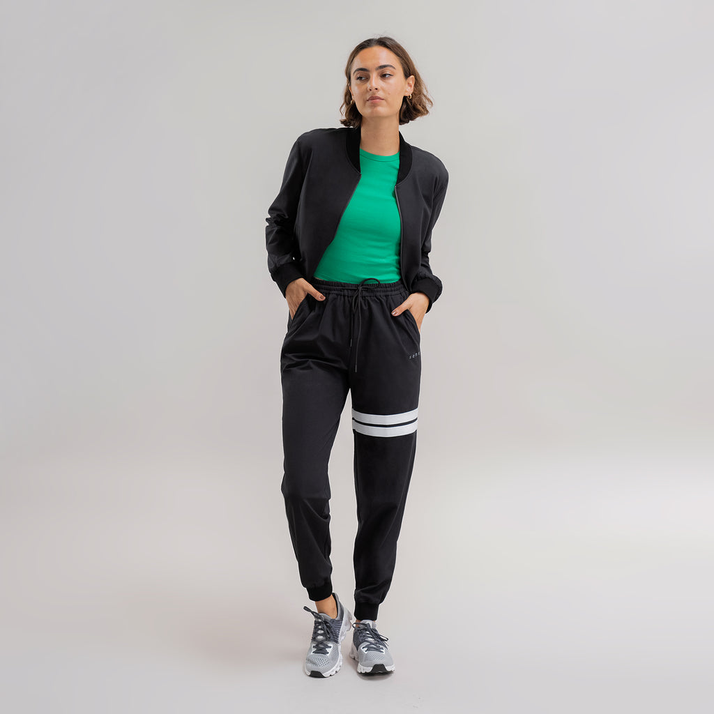 womens custom flextech bomber jacket plus size model Moe in Black
