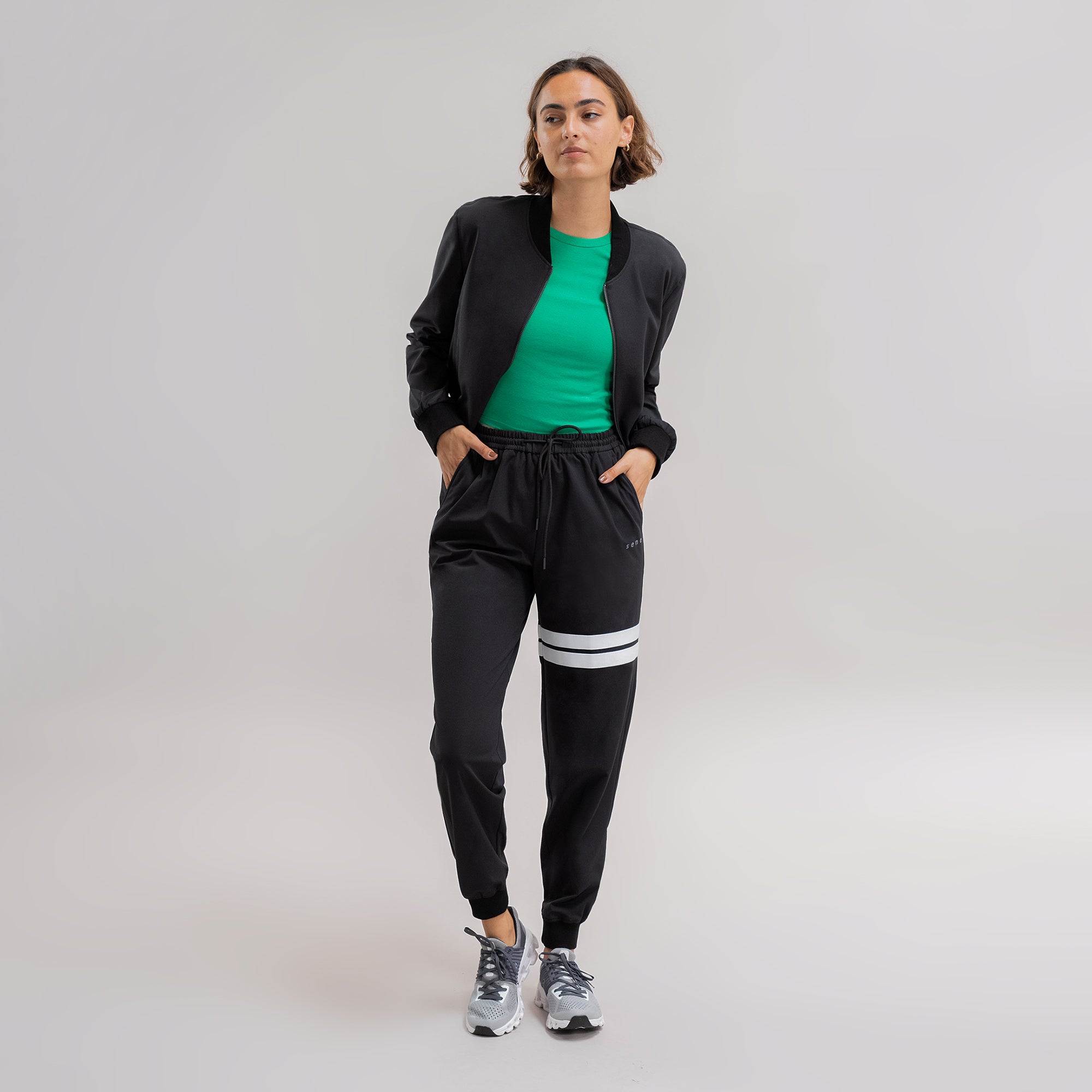 womens custom flextech bomber jacket plus size model Moe in Black