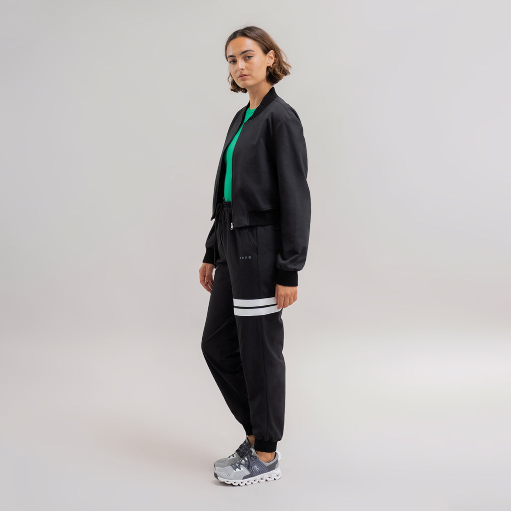 womens custom flextech bomber jacket plus size model Moe in Black